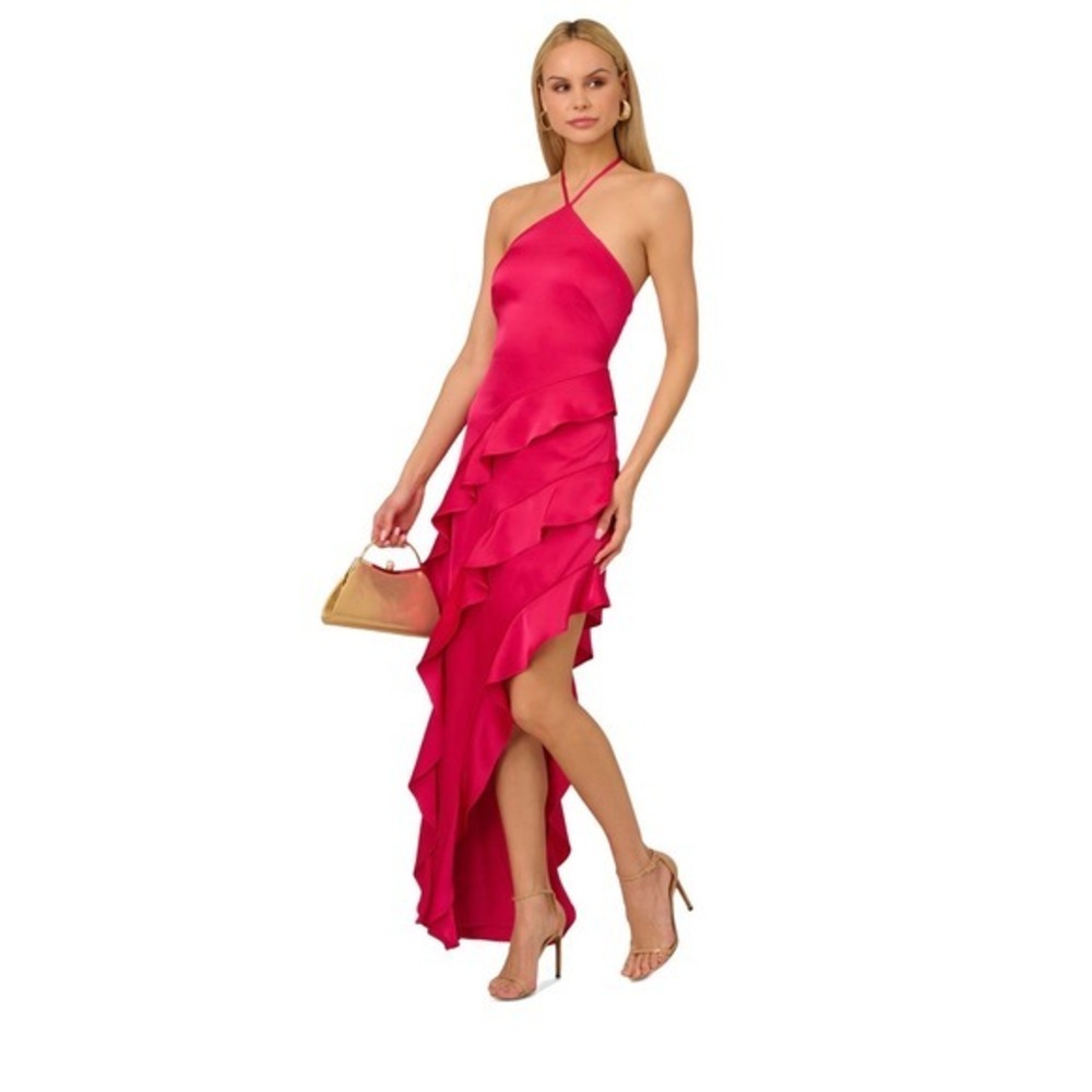 NWT Adrianna Papell Halter Neck Ruffled Satin‎ High-Low Gown – Size 4 – Hot Pink